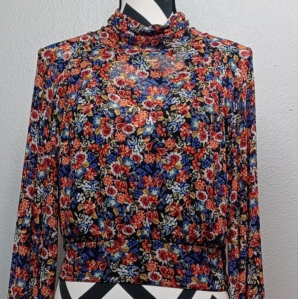 Free People All Dolled Up Sz S Boho Whimsigoth Dark Floral Mesh Blouse - Picture 4 of 14